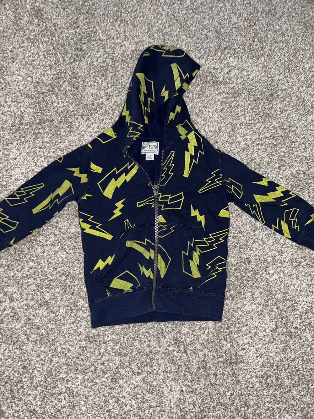 Children’s Place Navy Zip-Up Hoodie with Lime Lightning Pattern